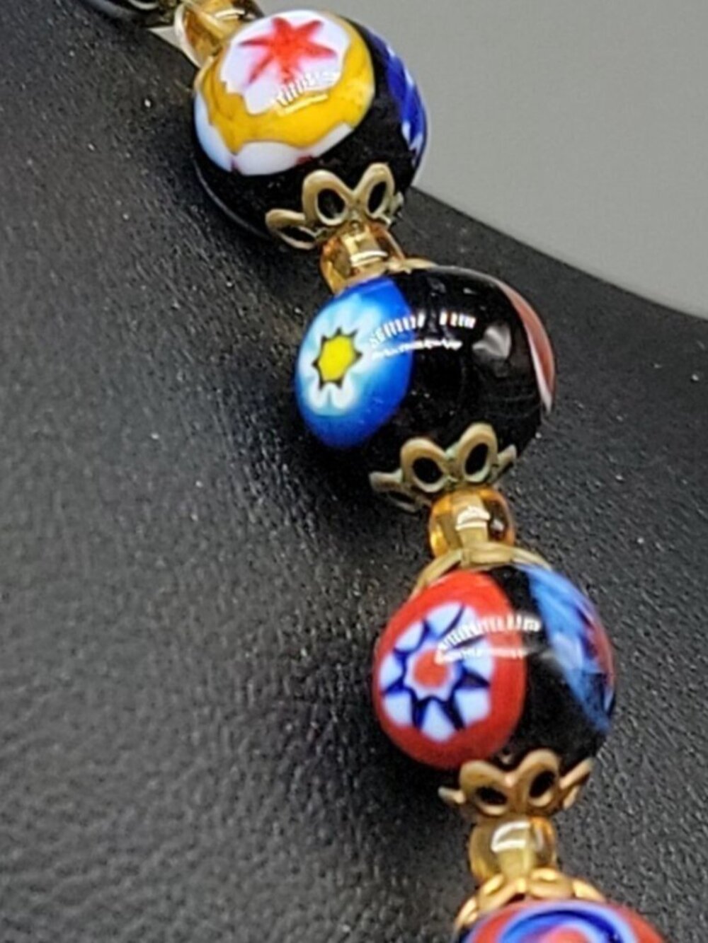 Antique Venetian Millefiori Murano Glass Bead Necklace 23" Graduated Black 16mm - Picture 10 of 16